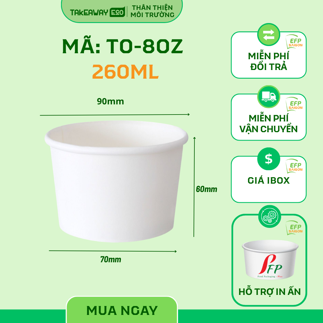 Tô giấy đựng kem 260ml – 8oz, dùng được nhiều loại nắp